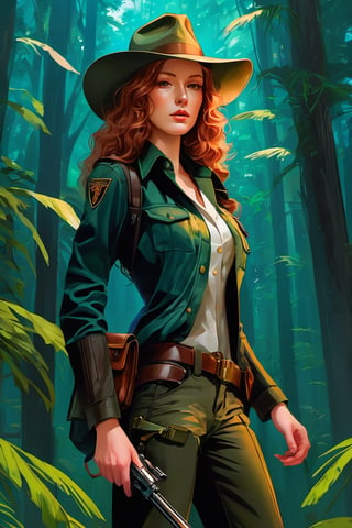 digital drawing of a lady from 1940s as indiana jones and Gepard in Amazona forest, full body image, ginger hair, masterpiece, smile, comic style, pale  skin, perfect anatomy, centered, approaching perfection, dynamic, highly detailed, artstation, concept art, smooth, sharp focus, illustration, art by Carne Griffiths and Wadim Kashin,
rule of thirds, expressive impossible pose, , centered, symmetry, painted, intricate, volumetric lighting, beautiful, rich deep colors masterpiece, sharp focus, ultra detailed, in the style of dan mumford and marc simonetti, astrophotography