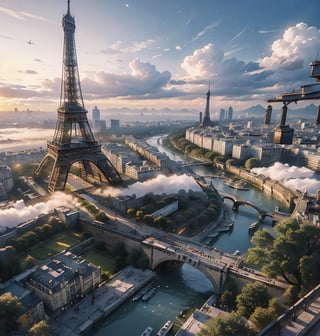 (8k, best quality, top level: 1.1), traditional architecture, high mountains and white clouds, is build above the clouds, ((The Eiffel Tower France)), morning glow, sunrise, background, flowing water and detailed elements below.