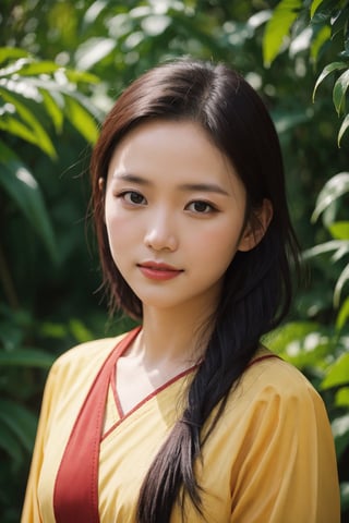 A beautiful Myanmar model wearing red and yellow traditional dress, happy innocent face, enjoying the nature sharp eyes, sharp details, long wavy black hair, waist level photograph, setting should be in a lush green garden, detailed face, nikon, hasselblad, Nikon Z7, 85mm, F/ 1. 4, 4K, photojournalism, busy background, volumetric lighting, art photography in the style of Myanmar traditional