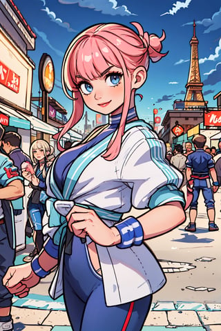 1girl,50 years old french girl, Manon from street fighter 6 haircut, ,(she smiles at the viewer), manonms, in an amusement park at night in paris