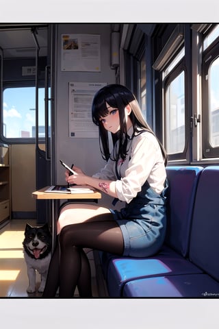 Anime male bald, tattoos on face and head, sitting with drawing tablet, wearing jersey, sitting on the seats, inside a train, long black hair, with dog on side, inside the room filled with computers and robot