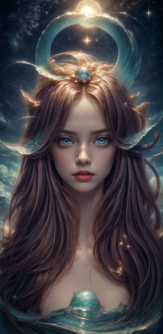 (medium:1,3) super fine detail, cinematography, 32k, luminism, (cute face), (detailed face), detailed Dorian Vallejo, Damian Lehoszest, Todd Lockwood, cgsociety, storybook illustration, nightmarish ethereal transparent sea spirit sea foam creature, big blue ocean glowing eyes, stars, red hair, highly detailed luminous unusual gentle sea, sea waves, colorful drops, extremely large moon, moonlight, stars, night. seashells, detailed sky with clouds, high detail, intricate, intricate pose, oil painting, thick strokes, , masterpiece, high quality, Van Gogh starry sky, centered, perfect composition, ,Detailedface,Detailedeyes