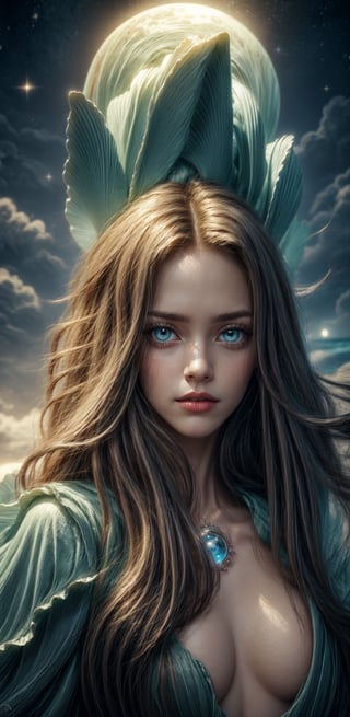 (Indian babe:1.1), gorgeous girl, super fine detail, cinematography, 32k, luminism, (cute face), (detailed face), detailed Dorian Vallejo, Damian Lehoszest, Todd Lockwood, cgsociety, storybook illustration, nightmarish ethereal transparent sea spirit sea foam creature, big blue ocean glowing eyes, stars, red hair, highly detailed luminous unusual gentle sea, sea waves, colorful drops, extremely large moon, moonlight, stars, night. seashells, detailed sky with clouds, high detail, intricate, intricate pose, masterpiece, high quality, Van Gogh starry sky, centered, perfect composition, ,Detailedface,Detailedeyes