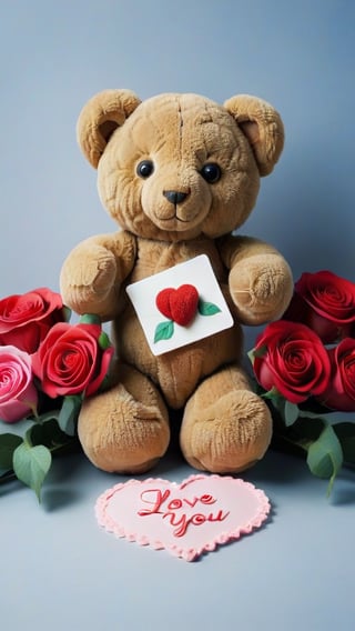 teddy bear with a sign on which the text "I love you" is written, and next to the bouquet of roses