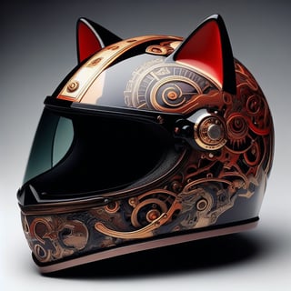 motorcycle helmet with cat ears, ornate pattern on it, in the style of steam punk