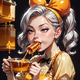 a girl with silver hair, holding honeycombs of honey in her hands, eating.The gipper