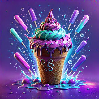 Design a vibrant ice cream poster inspired by the magic of sorcerers. The ice cream, featured prominently in the image, overflows with enchanted colors that flow like liquid paint. Enhance it with magical elements suggesting ingredients of a mystical potion. The background is a collage of arcane symbols and soft magical glimmers., 3D SINGLE TEXT