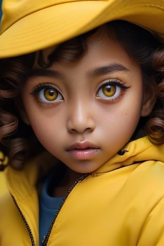 a girl in a yellow hat,long brown curls from under the hat,dark complexion,big eyes,close-up,lots of details,hyperdetalization, yellow jacket,close up, Miki Asai Macro photography, close-up, hyper detailed, trending on artstation, sharp focus, studio photo, intricate details, highly detailed, by greg rutkowski