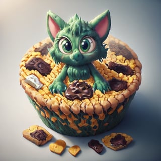 a fluffy animal, big eyes, with long claws, many pieces of chocolate on its body, honeycomb, sprinkled with chocolate chips