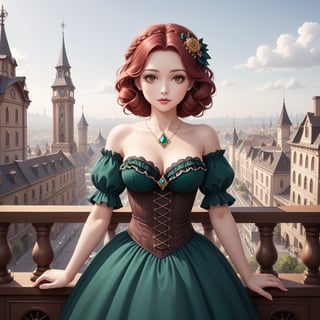 beautiful steampunk girl with long brown hair,against a city background,a beautiful girl with red hair, a beautiful face, a green dress with diamond inserts. shine of diamonds, stylization. many details"