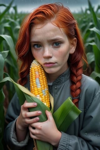 a girl with red hair, holding corn in her hands, standing in a cornfield,gloomy,lots of details,rainy weather,hyperdetalization,stylization,16k,poster