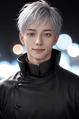 1boy, young male, silver hair, comma hair style, charming face, blue light eyes, sweet smile, wearing black neck covered jacket, detailed, highly complex, ultra detailed, 300dpi, 8k,satoru gojo