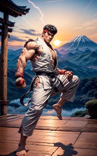 Create the most epic photo to street fighter ryu, standing, full body, dynamic pose, intense face, wearing dojo pants, in a temple, looking at viewer, energy veins all over his body, Japan Mount Fuji background, sunset