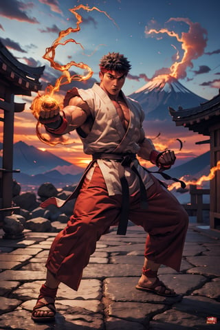 Create the most epic photo to street fighter ryu, standing, full body, dynamic pose, intense face, wearing dojo pants, in a temple, looking at viewer, energy veins all over his body, Japan Mount Fuji background, sunset,pyromancer,perfecteyes