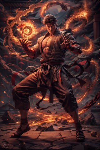 Create the most epic photo to street fighter ryu, standing, full body, dynamic pose, wearing dojo pants, in a temple, looking at viewer, energy veins all over his body, Japan Mount Fuji background, sunset,pyromancer