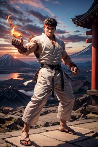 Create the most epic photo to street fighter ryu, standing, full body, dynamic pose, wearing dojo pants, in a temple, looking at viewer, energy veins all over his body, Japan Mount Fuji background, sunset,pyromancer