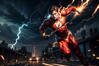 Create the most epic version of dc comics The Flash, in his signature red suit, yellow glowing lightning eyes, looking and running towards the viewer, in the background, Superman flying and chasing him, both speeding ahead, flashes and lightning bolt effects, epic sky