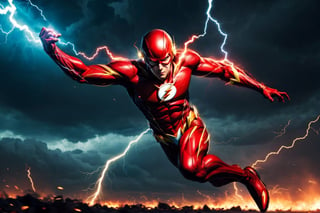 Create the most epic version of dc comics The Flash, in his signature red suit, looking and running towards the viewer, behind him, Superman flying and chasing him, both speeding ahead, flashes and lightning bolt effects, epic sky,human on fire