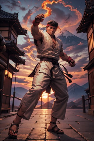 Create the most epic photo to street fighter ryu, standing, full body, dynamic pose, intense face, wearing dojo pants, in a temple, looking at viewer, energy veins all over his body, Japan Mount Fuji background, sunset,pyromancer,perfecteyes