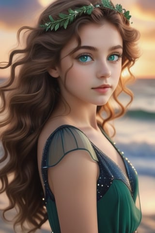 (looking at viewer:1.2), centered, upper body, photography of a  woman, masterpiece,  (beautiful detailed eyes:1.2), 16 year old girl with long brown curly hair color, dark blue eyes, wearing a sheer green dress, sunset, bokeh, depth of field,  sunset beach, clouds, constellations, starry sky, realistic colors, hyperealistic, 