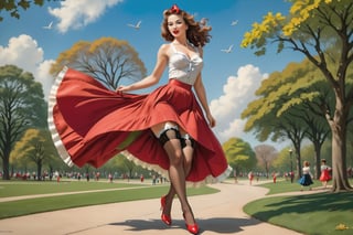 Imagine a Lady wearing a flowing red skirt blown up showing her stocking tops by the wind and carring shopping in bags, on a windy day in the park in the style of Harry Ekman 1950s pin-up art,Mar1lyn_pos3