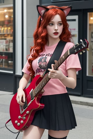 Raw photo, masterpiece, photorealistic, best quality, 
full lenght bidy,
24yo punk girl with red hair playing an electric guitar, 
holding plectrum, instrument, 
music, one side up, 
long hair, red curly hair, playing guitar,
wearing cat ears on head,
pleated plad mini skirt, 
pink shirt with a red heart printed on,
wearing red boots,
out side in the street in front of shops