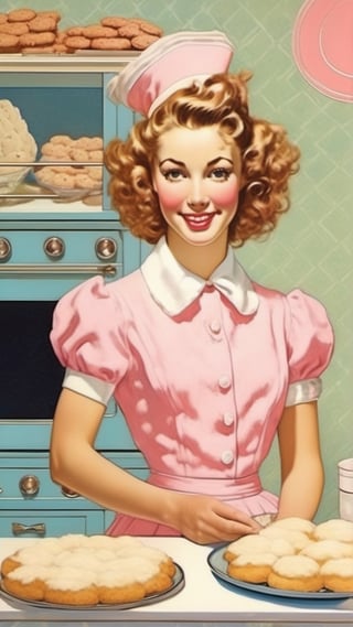 Norman Rockwell art, ultra detailed illustration in soft pastel colors, a beautiful and elegant housewife baking cookies, soft, cute smile, shabby chic livingroom environment, best quality, centered image, MSchiffer, inspired by the 1950s ((flat colors)) ((low saturation)) pink, white, blue, vintage,Leonardo Style