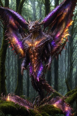 A cinematic shot of an enormous man shaped giant walks on 2 legs emerging from the dark verdant autumn green and brown leaf forrest behind it,  it approaches the viewer. As it walks it reveals glittering red purple and black opal scales that refract light like dew drops on its super-hyper-real detailed skin. the giants branchlike wings behind its back blend seamlessly with the surrounding foliage. The camera captures the scene in stunning HDR, showcasing the golden highlights on the dragon's scales as it moves through a misty forrest floor dotted with dew-kissed rocks huge leafy vegetation and moss-covered tree trunks all in hyper real detail.,DRG