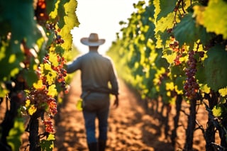 Close up shot vines in the foreground in high detail,sunlight glistening between the vines, A full body shot of a farmer standing vineyard filled with dew covered red grapes luscious dew covered green vine leaves, rich ((orange soil)), foggy, misty, windy, golden hour, cinematic, masterpiece, best quality, high resolution