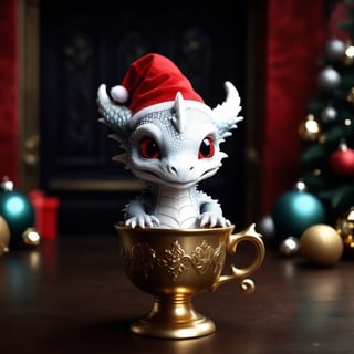 a dark gothic, White dragon baby wearing a red Christmas hat, in a golden Christmas cup. surrounding by dark gothic room, soft cinematic lighting, highly detailed, 8k