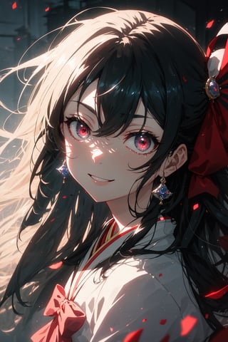 (best quality), (masterpiece), (ultra detailed), (shinomiya kaguya), red eyes, beautiful detailed eyes, black hair, hair ribbon, (looking at viewer), (portrait), smiles slightly, outdoors, scenery, blurry background, vibrance gradient background.