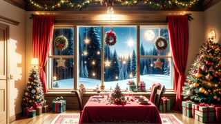 Christmas tea, window overlooking a magical forest, curtains on the window, magic, Christmas background, Mysterious, Mysterious,Christmas Room,Santa Claus