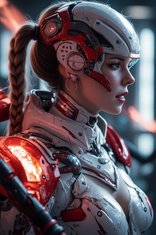 A captivating and vivid portrayal of a young alluring female cyber soldier in a cyberpunk-inspired world, where fashion meets futuristic aesthetics. The woman has bright, braided hair styled into pigtails, contrasting with her intricate white and red armor that showcases battle scars. Advanced bio-organics glow on her shoulder, highlighting the integration of technology into her being. Her face remains hidden beneath a sleek helmet, exuding a blend of mystique and intimidation. Wielding a plasma whip that emits intense flames, she embodies power, grace, and unwavering determination. Her bold lips, sharp facial expressions, and muscular arms reveal her depth, strength, and resilience. The muted background emphasizes her features and design, creating a mesmerizing cyberpunk masterpiece that showcases the perfect fusion of style, cinematic