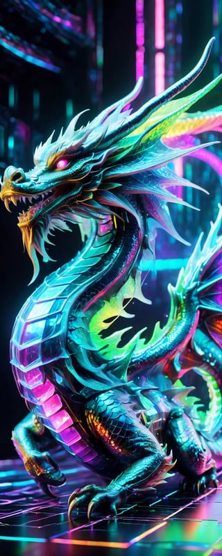 holomashdragon, holographic dragon design, futuristic blend of organic and digital, neon-lit scales, cyberpunk aesthetic, vibrant color palette, translucent and shimmering textures, advanced hologram technology, dynamic and ethereal dragon form, surreal and majestic appearance, by FuturEvoLab, (masterpiece: 2), best quality, ultra highres, original, extremely detailed, perfect lighting, otherworldly ambiance, integrated circuit patterns on dragon, holographic wings, floating in virtual space