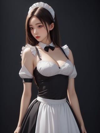 realistic, masterpiece, best quality, ultra-detailed, ultra high res, photorealistic, RAW photo, realistic lighting, 
BREAK
1girl, solo, upper body, Maid, FuturEvoLabgirl, FuturEvoLabMaid, black background, FuturEvoLabGirl