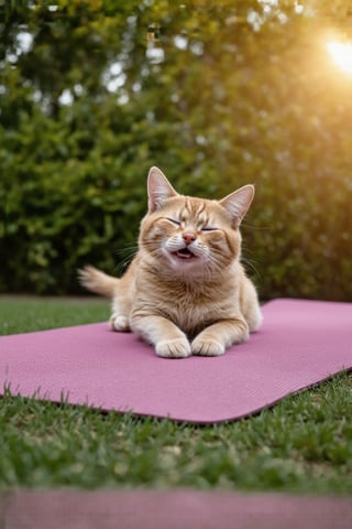 A serene and whimsical illustration of an anthropomorphic animal, possibly a cat or dog, engaging in a pilates exercise on a sunny morning, surrounded by lush greenery and warm golden light, with a soft focus effect to convey a sense of calmness and relaxation, the animal's fur a warm beige color with subtle shading, its facial features expressive and gentle, with a slight smile and closed eyes, wearing a soft pink yoga mat underneath, subtle sweat droplets on its fur to hint at the physical activity, the pilates equipment, such as a reformer or resistance bands, in muted earthy tones, blending seamlessly with the natural environment, with bold lines and playful textures to evoke a sense of joy and harmony, the overall mood tranquil and uplifting.,FuturEvoLabStyle