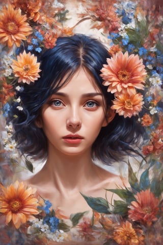 A captivating digital art portrait of a young woman surrounded by a vibrant array of flowers. Her wavy, dark blue hair frames her face, blending seamlessly with the floral elements around her. The flowers, in shades of orange, blue, and white, create a striking contrast against her pale skin. She gazes directly at the viewer with an intense, almost ethereal expression. The intricate details of the petals and leaves intertwine with her hair, giving the impression that she is one with nature. The overall composition is both delicate and dramatic, evoking a sense of mystery and enchantment.