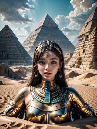 Unleash your imagination and explore the possibilities of a parallel universe - envision a sky filled with UFOs hovering over the iconic Egyptian pyramids, their sleek metallic bodies a stark contrast to the sandy landscape.