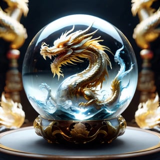 realistic image of a pure crystal ball in golden color, with a golden holomashdragon Chinese dragon swimming inside, detailed and intricate dragon design, transparent golden crystal with reflective properties, dynamic and fluid dragon movement, by FuturEvoLab, (masterpiece: 2), best quality, ultra highres, original, extremely detailed, perfect lighting, (holomashdragon), (Chinese Dragon)