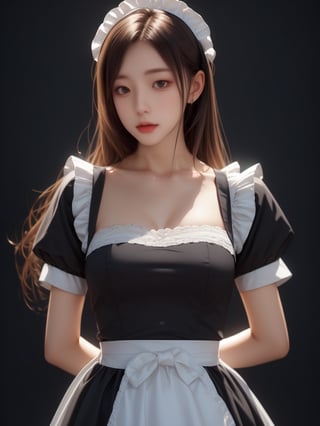 realistic, masterpiece, best quality, ultra-detailed, ultra high res, photorealistic, RAW photo, realistic lighting, 
BREAK
1girl:1.5, solo, upper body, Maid, FuturEvoLabgirl, FuturEvoLabMaid, black background, FuturEvoLabGirl