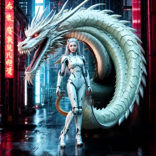 Full body, outer_space, robot female, human face, dragon skin, dragon scale pattern ,holding dragon head weapon, with long white hair,dragon-themed, complex background:1.1,Chinese Dragon,Mecha,Cyberpunk,Katon