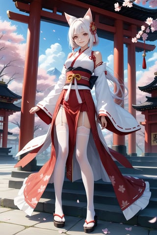 score_9, score_8_up, score_7_up, masterpiece, best quality, realistic, 
BREAK
full body, 1girl, action of prayer, animal fox ears, red eyes, long pure white hair, Miko attire, red skirt, garter straps, White stockings, geta sandals, hair ornament,  Japanese shrine, indoor, cherry blossoms, FuturEvoLabgirl