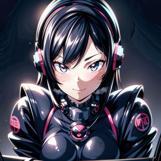 Female Ninja,Black mask,Close-up, sweet smile, lovely,working on laptop,cyberpunk style,headphones,listening to music,lofi background,keyboard,mouse,LED lights,(best quality,4k,8k,highres,masterpiece:1.2),ultra-detailed,(realistic,photorealistic:1.37),mecha,urban techwear,outfit,3DMM