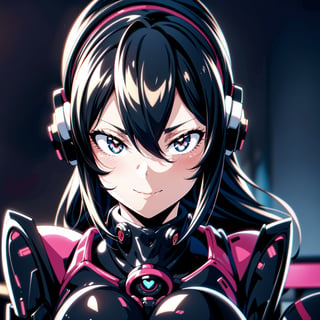 Female Ninja,Black mask,Close-up, sweet smile, lovely,working on laptop,cyberpunk style,headphones,listening to music,lofi background,keyboard,mouse,LED lights,(best quality,4k,8k,highres,masterpiece:1.2),ultra-detailed,(realistic,photorealistic:1.37),mecha,urban techwear,outfit,3DMM