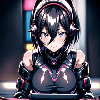 Female Ninja,Black mask,Close-up, sweet smile, lovely,working on laptop,cyberpunk style,headphones,listening to music,lofi background,keyboard,mouse,LED lights,(best quality,4k,8k,highres,masterpiece:1.2),ultra-detailed,(realistic,photorealistic:1.37),mecha,urban techwear,outfit,3DMM