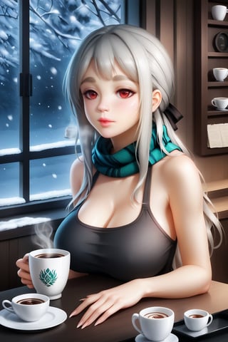 amiya(arknights), 1girl,8k wallpaper,extremely detailed figure, amazing beauty, detailed characters, {detailed background},aestheticism, sitting, winter, coffee shop, corner, coat, scarf, large breasts, gray hair, red eyes, emotionless, obedient, obedient, thick eyebrows, small nose, full lips, long eyelashes, delicate neck, slender shoulders, bare arms, delicate hands, long fingers, pointed nails, high cheekbones, oval face, smooth skin, rosy cheeks, cup of coffee, saucer, steam, warm, cozy, comfortable, relaxed, calm, quiet, peaceful, serene, contemplative, close-up, best quality, amazing quality, very aesthetic, absurdres