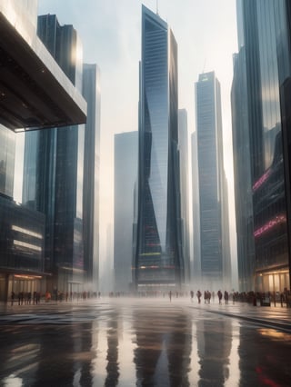 (masterpiece, high quality:1.5), (8K, HDR, highres, ultra-detailed), A photorealistic futuristic cityscape with gleaming glass skyscrapers, soft morning light, misty streets, serene atmosphere, early commuters, reflections in puddles, pastel-colored sky