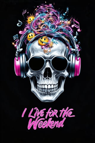 A dramatic, high-contrast, cinematic photograph of a T-shirt design, reminiscent of Christian Audigier's style, featuring a central skull wearing trendy, oversized headphones, surrounded by swirling acid smileys and musical notes in a psychedelic, graffiti-inspired pattern. The skull's eyes are shaded with trendy, oversized sunglasses, and its mouth is curved into a cool, laid-back smile. In the center of the design, bold, cursive script proclaims "I live for the weekend" in a metallic silver font, with subtle, shimmering highlights that catch the light. The overall aesthetic is photorealistic, with a subtle film grain texture that adds a nostalgic, retro vibe to the image, evoking the feeling of a vintage, grainy music video. The colors are vibrant and bold, with hot pinks, electric blues, and sunshine yellows that pop against a deep, midnight-black background, drawing the viewer's eye to the skull's cool, carefree expression.,FuturEvoLabBoy