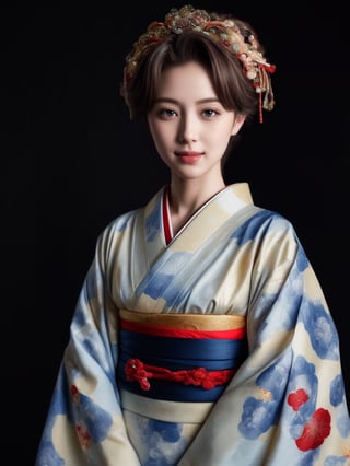 (masterpiece, high quality:1.5), (8K, HDR), realistic, ultra-detailed, ultra high res, photorealistic, RAW photo, realistic lighting, 
1girl, solo, three-quarter shot, black background, FuturEvoLabKimono, 