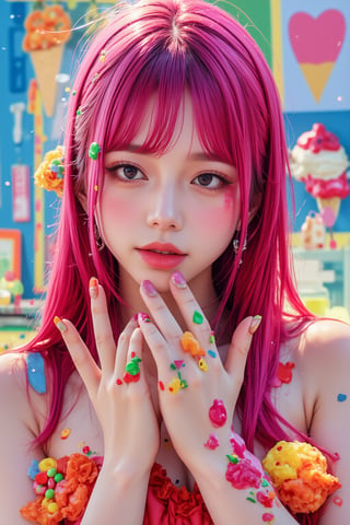 japanese cool anime,1girl,
Colorful pop art, candy pop, lollipop punk, brightly colored berry beans, emo pink lolita girl,Beautiful Eyes,A dress made of jelly and ice cream,
 maximalism designemo,dal-6 style,Color Splash